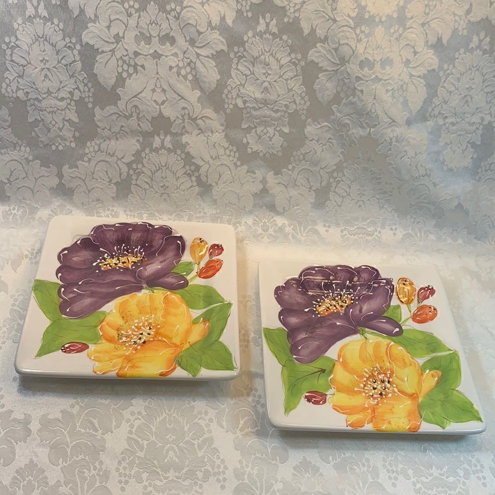 Laurie Gates California Decorator Ceramic Plates Set 2 Embossed Floral Design